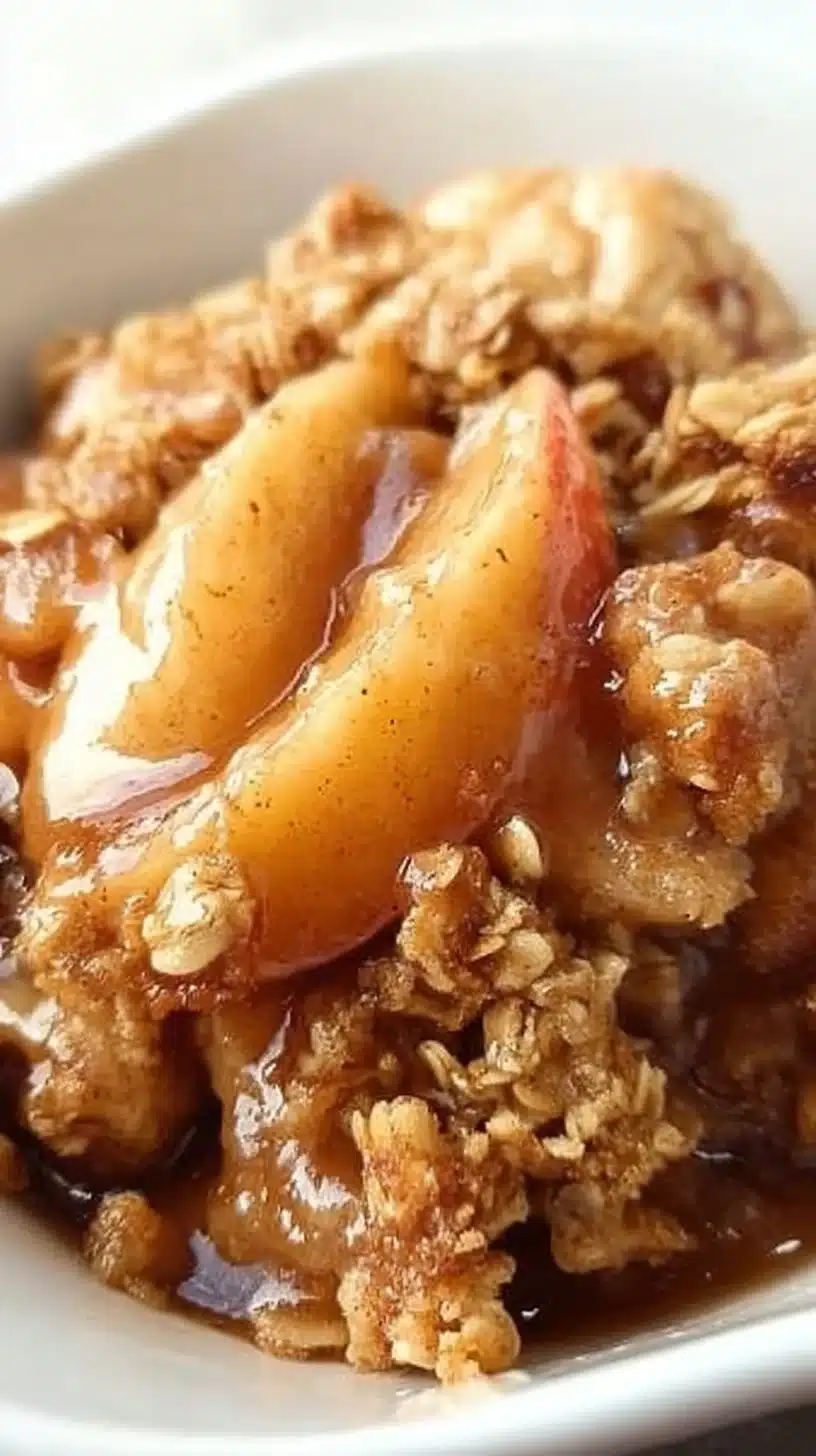 The Best Apple Crisp 1 Delicious homemade apple crisp topped with cinnamon and oats in a baking dish.