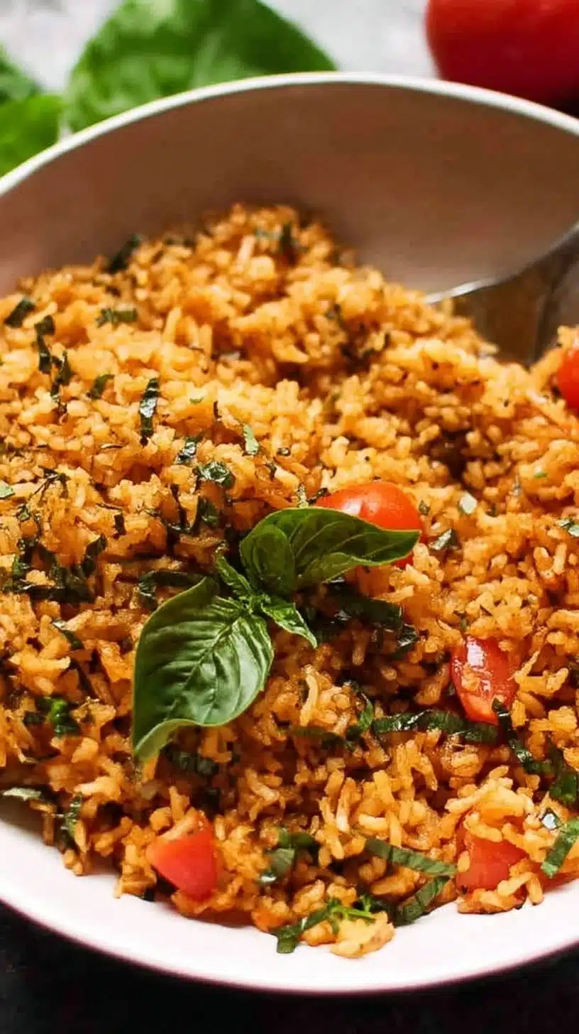 Tomato Basil Rice Recipe 1 Delicious Tomato Basil Rice dish garnished with fresh basil leaves