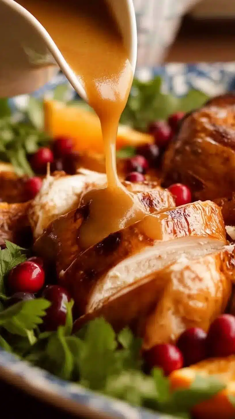 Turkey Gravy for Roasted Turkey 1 Delicious turkey gravy poured over roasted turkey for a festive dish