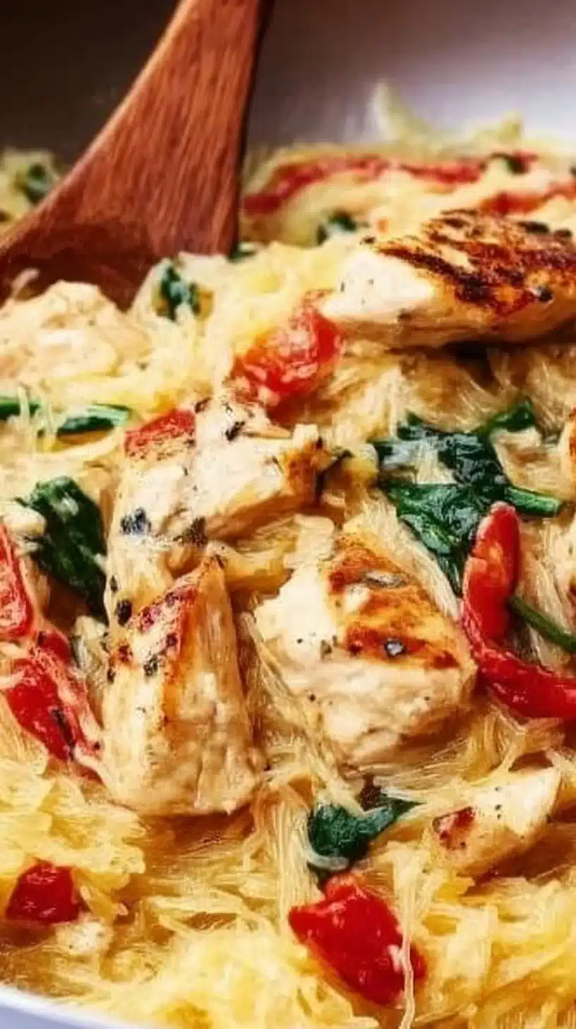 Tuscan Chicken and Spaghetti Squash Recipe 1 Plate of Tuscan chicken served with spaghetti squash and fresh herbs