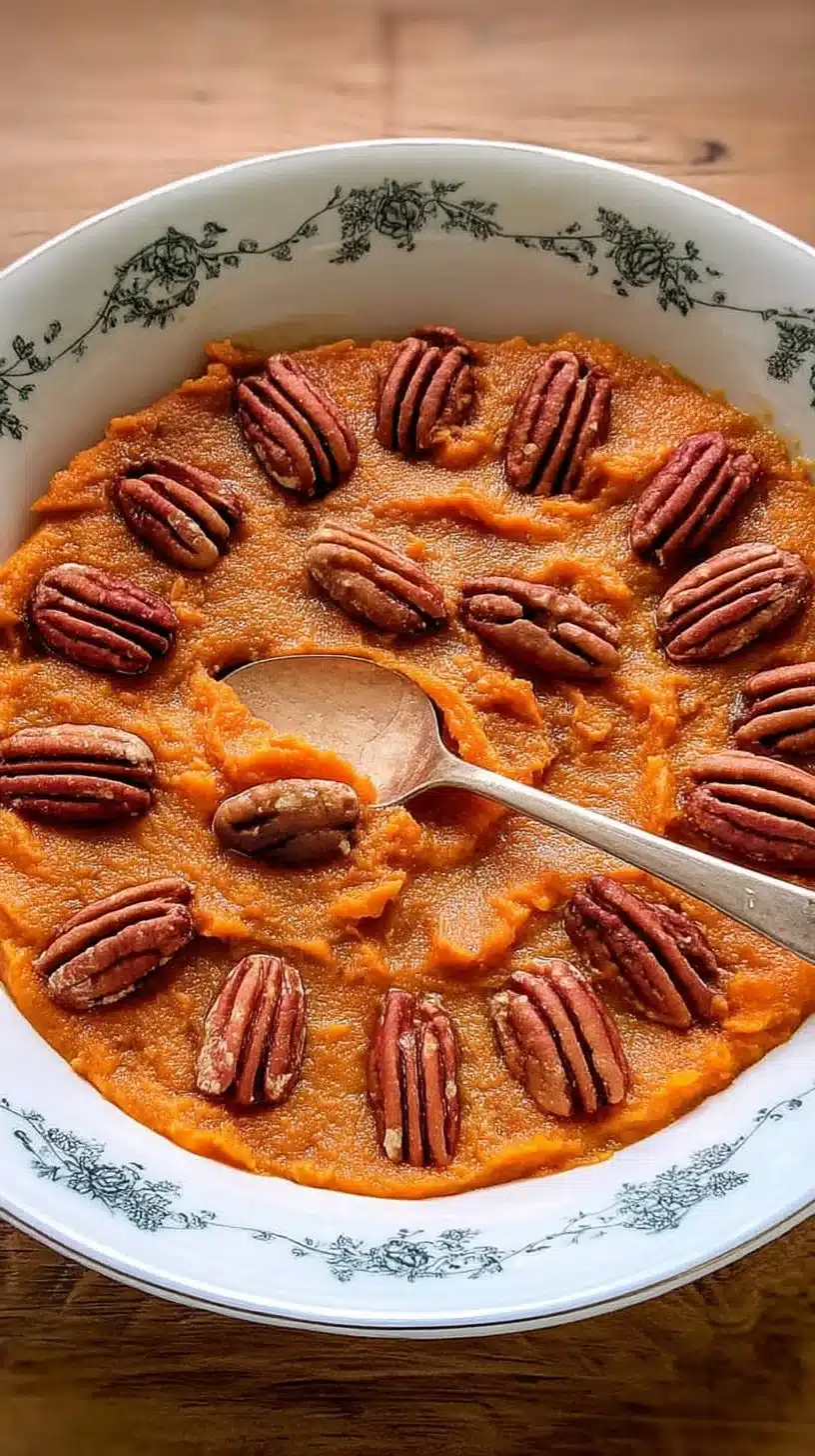 Vegan Sweet Potato Casserole Recipe 1 Vegan sweet potato casserole topped with crunchy pecans and marshmallows.