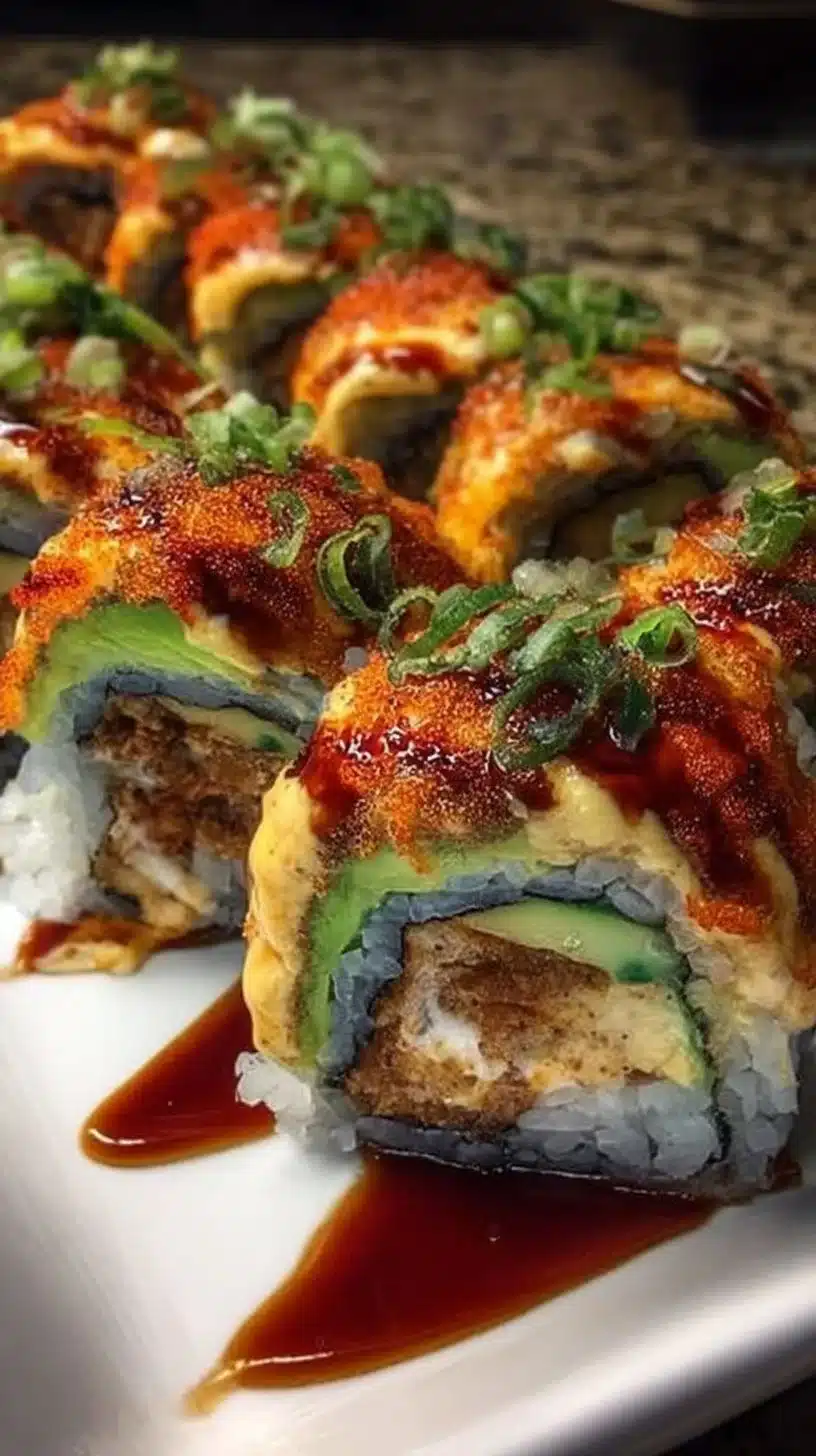 Volcano roll 1 A delicious volcano roll sushi topped with spicy ingredients and sauces.