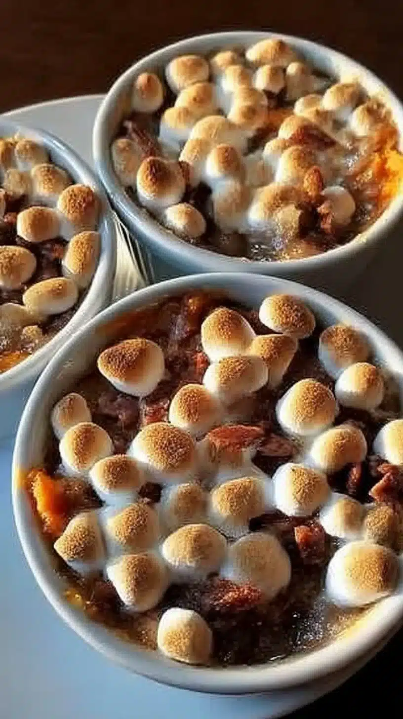 Whipped Sweet Potato Casserole 1 Creamy whipped sweet potato casserole topped with marshmallows, served in a dish.