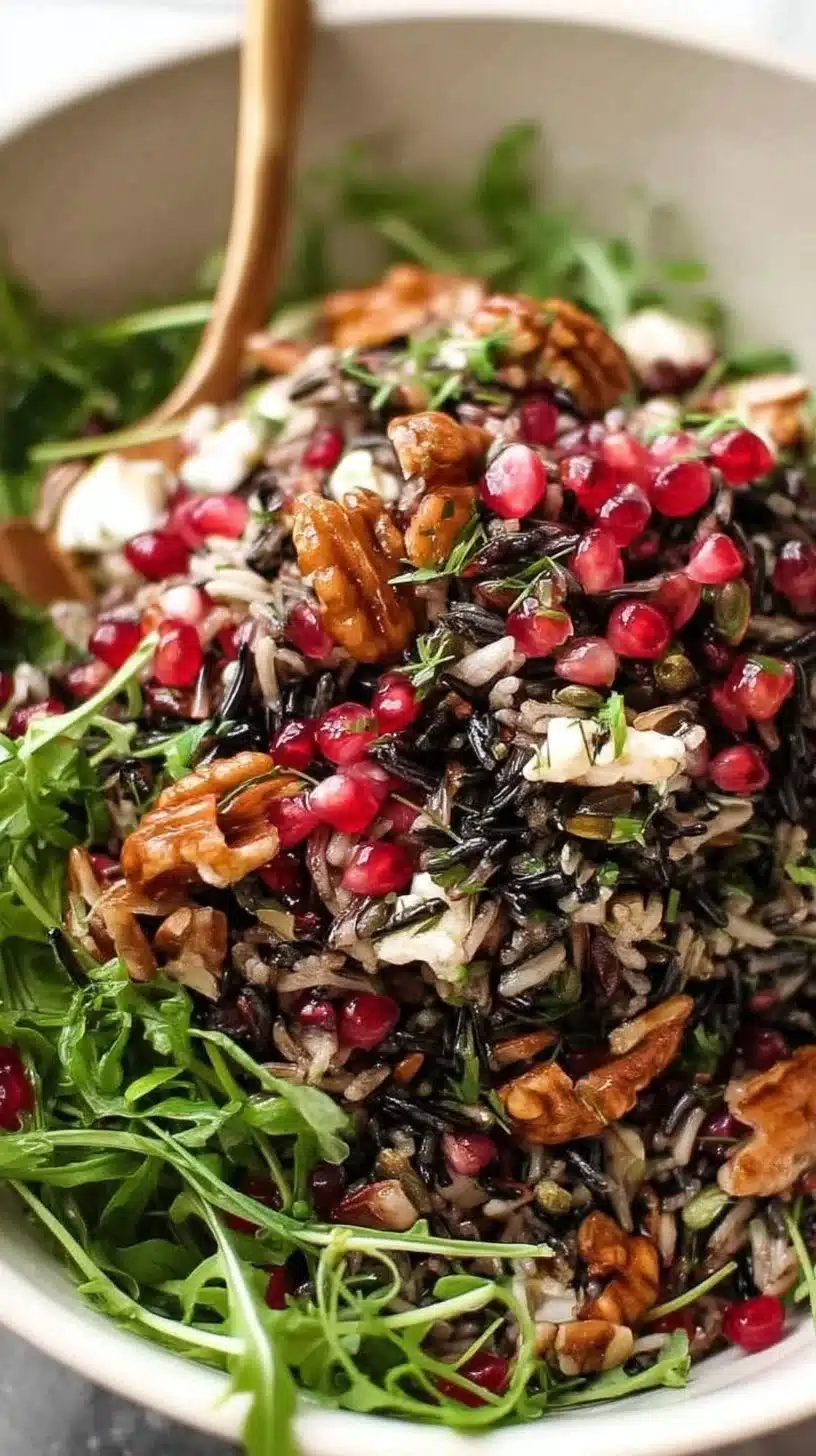 Wild Rice Salad 1 Colorful wild rice salad with vegetables and dressing in a bowl