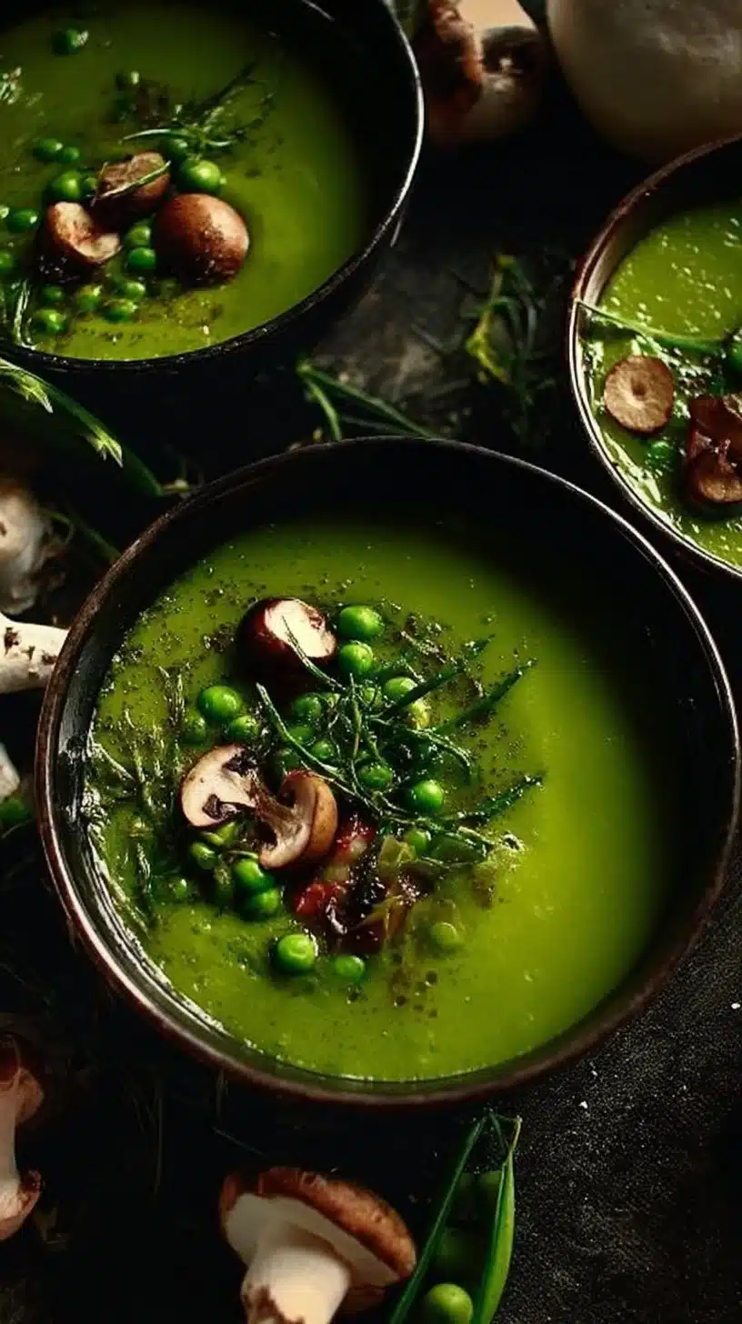 Witches Brew (Green Pea Soup) 1 A bowl of delicious Witches Brew Green Pea Soup with fresh herbs.