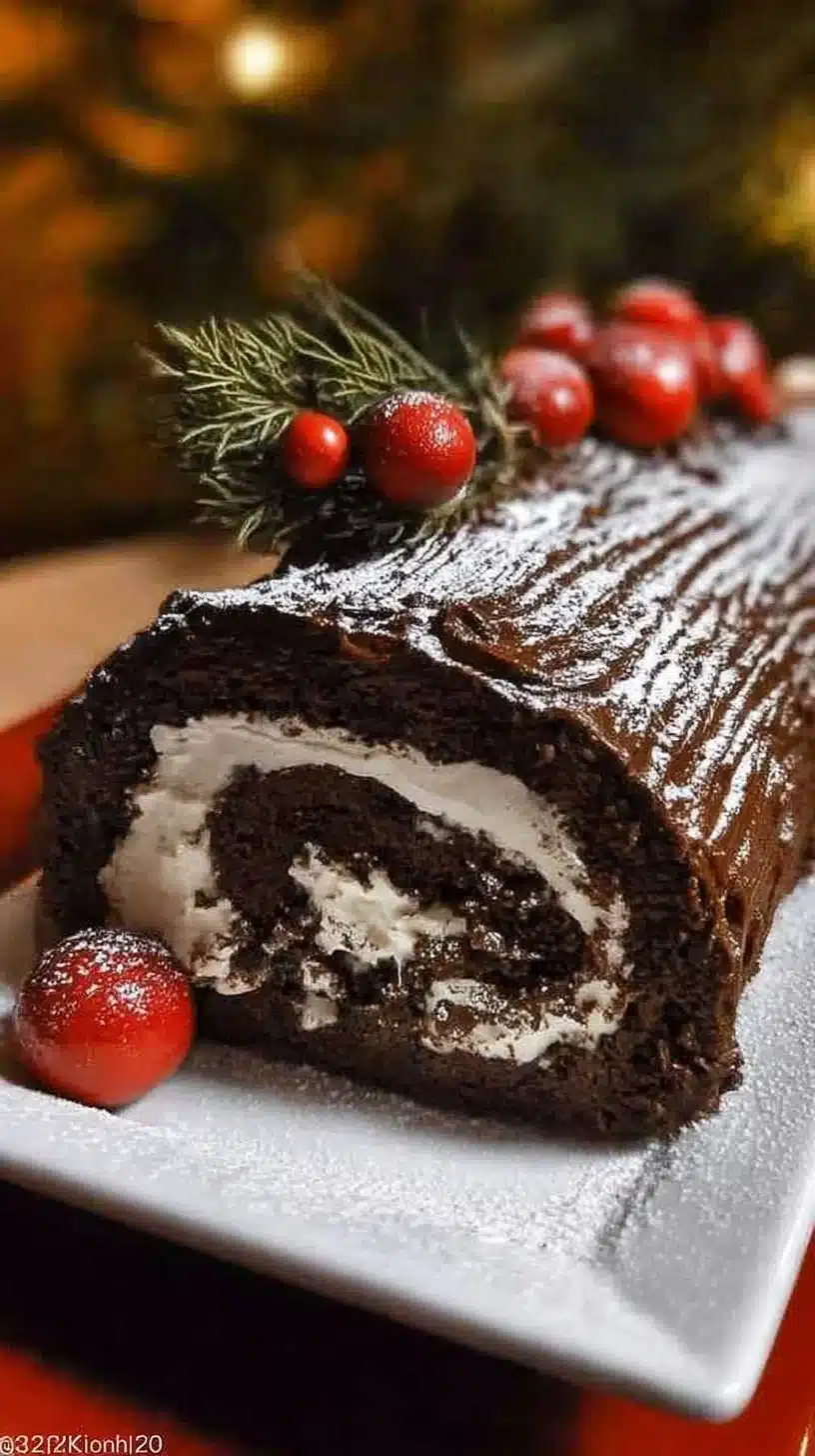 Yule Log Cake (Christmas Log) 1 Delicious Yule Log Cake decorated for Christmas celebration