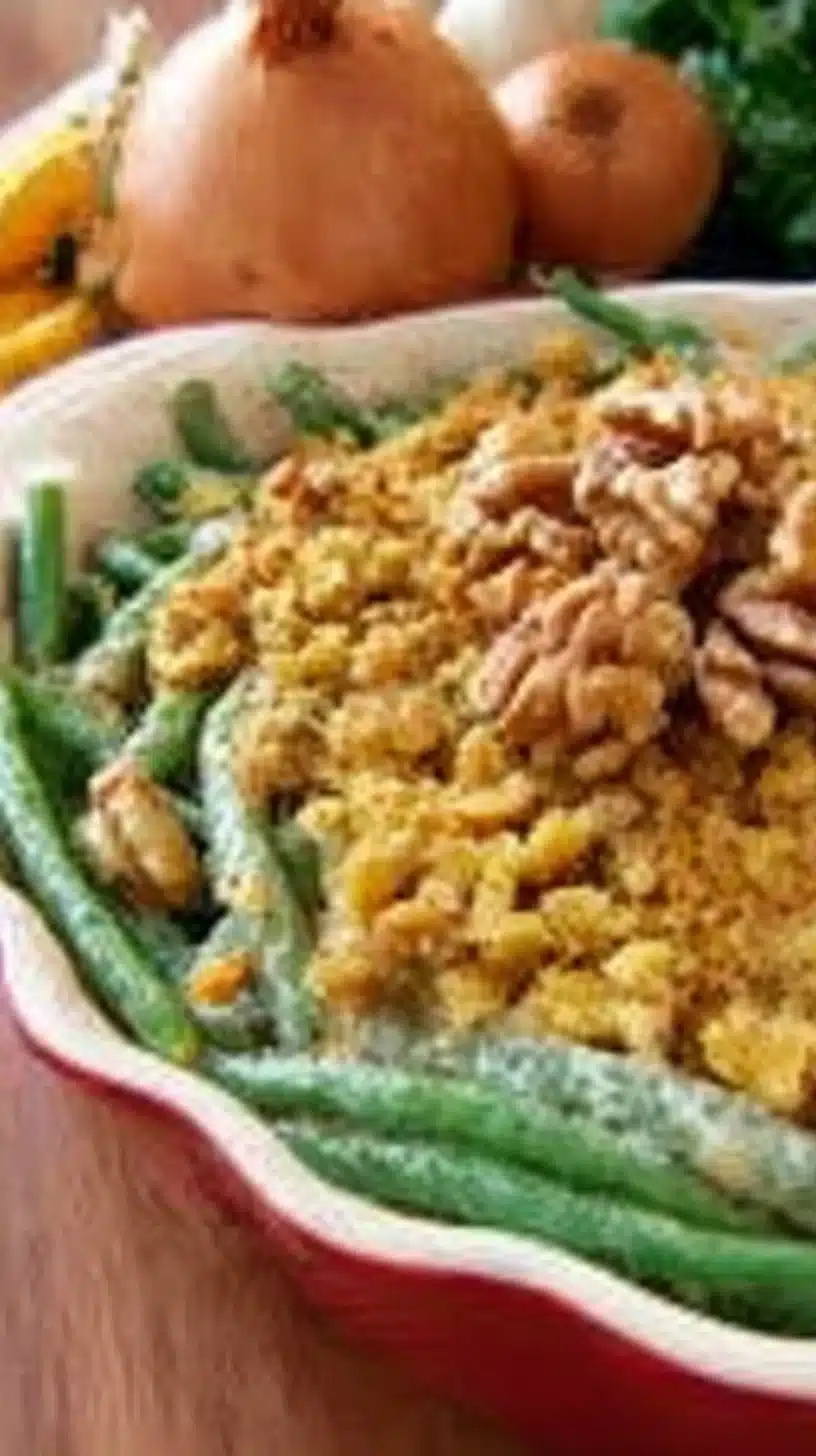 A+ Green Bean and Walnut Casserole 1 A serving of A+ Green Bean and Walnut Casserole topped with crispy onions.
