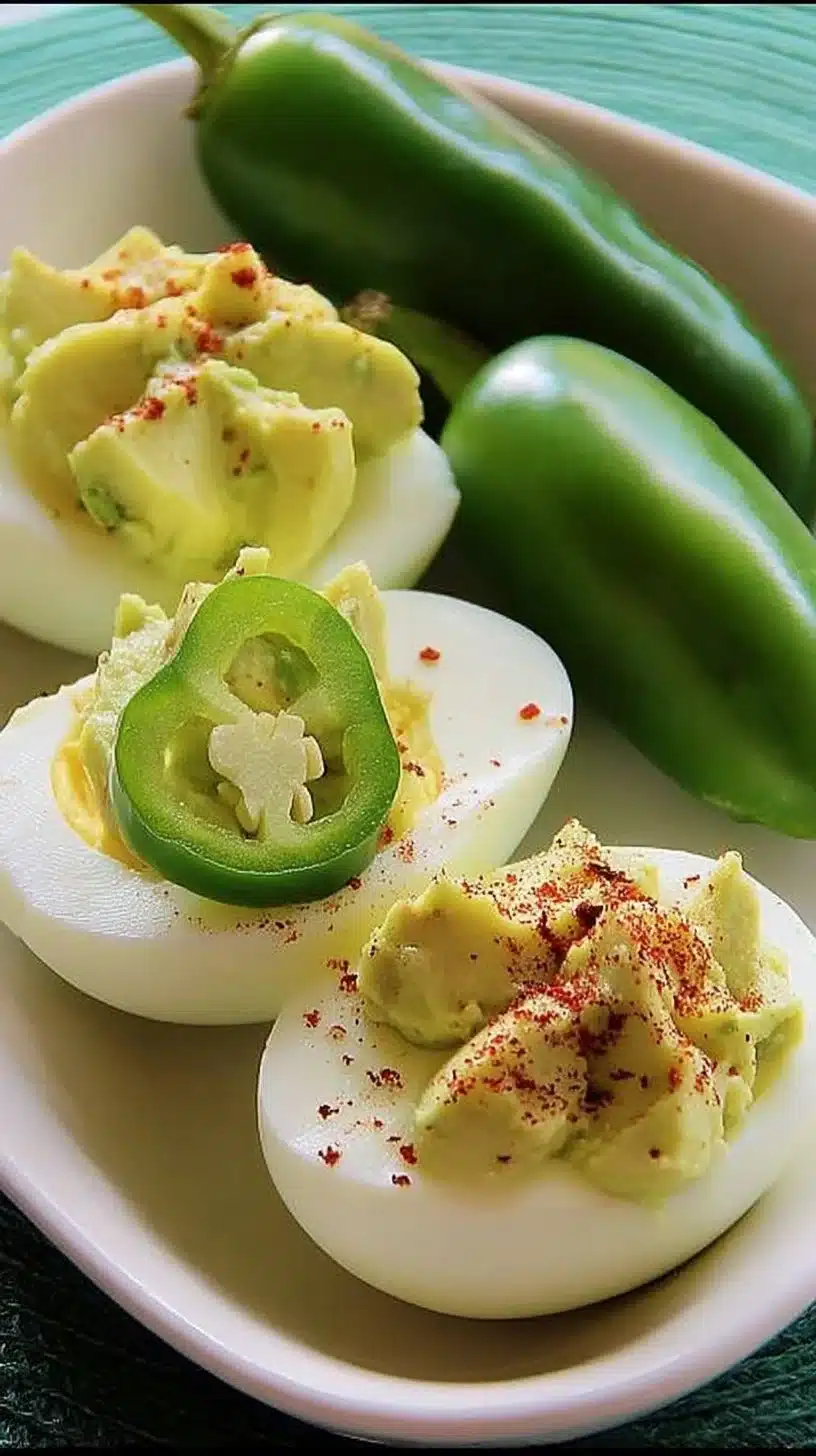 Avocado Deviled Eggs Recipe 1 Creamy avocado deviled eggs on a platter