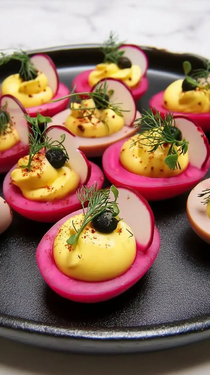 Beet pickled deviled eggs decorated with herbs on a serving plate.