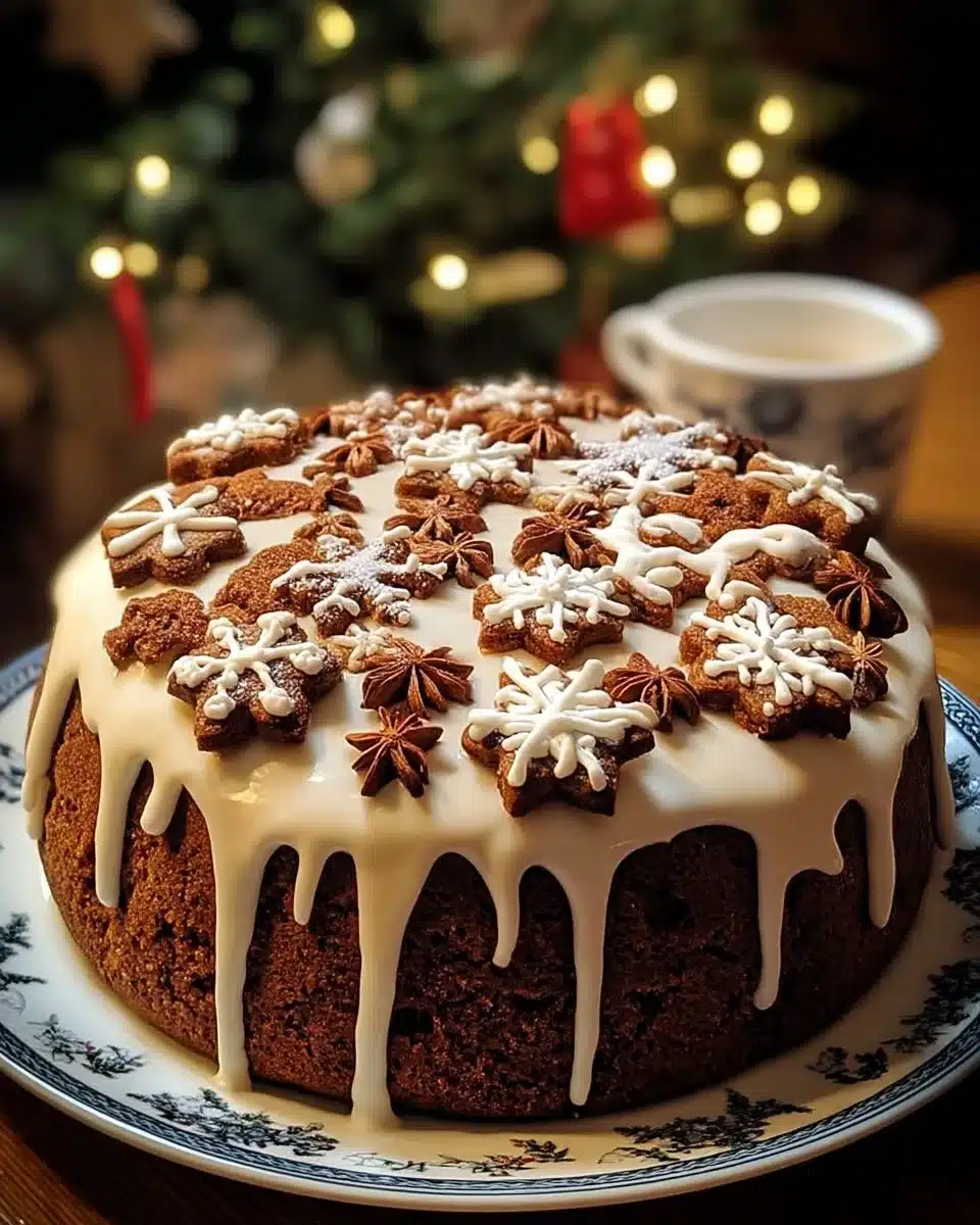 Delicious Christmas gingerbread cake with creamy vanilla glaze on top