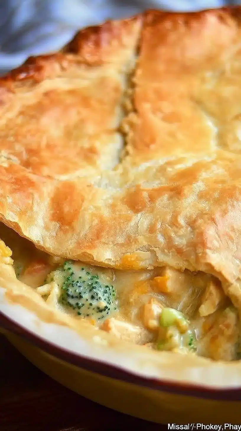 Broccoli Cheddar Chicken Pot Pie 1 Delicious Broccoli Cheddar Chicken Pot Pie served in a rustic dish