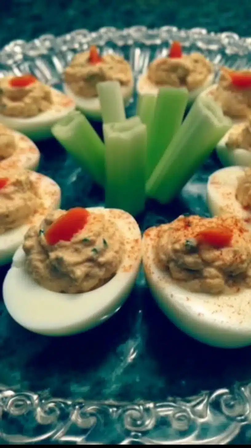 Buffalo Chicken Deviled Eggs topped with celery and blue cheese, served on a platter