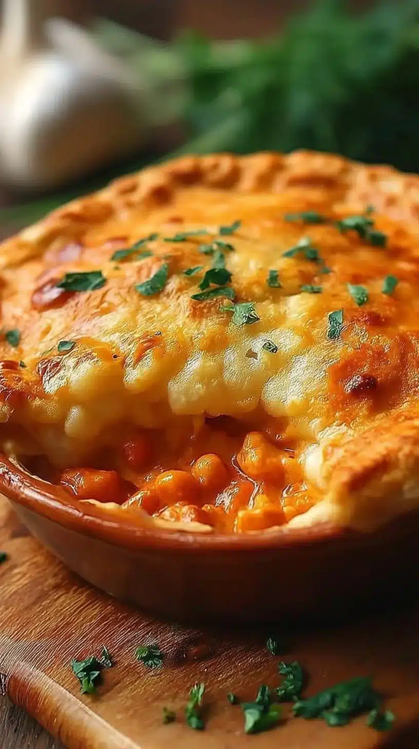 Buffalo Chicken Pot Pie 1 Buffalo Chicken Pot Pie topped with flaky crust and garnished with green onions