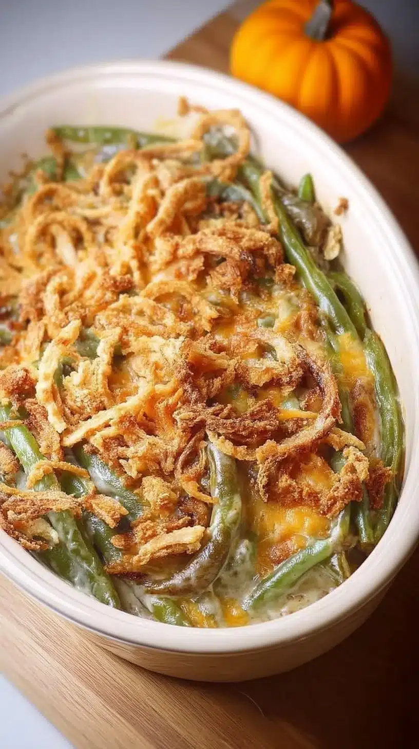 Campbell's Green Bean Casserole 1 Delicious Campbell's green bean casserole served in a bowl.