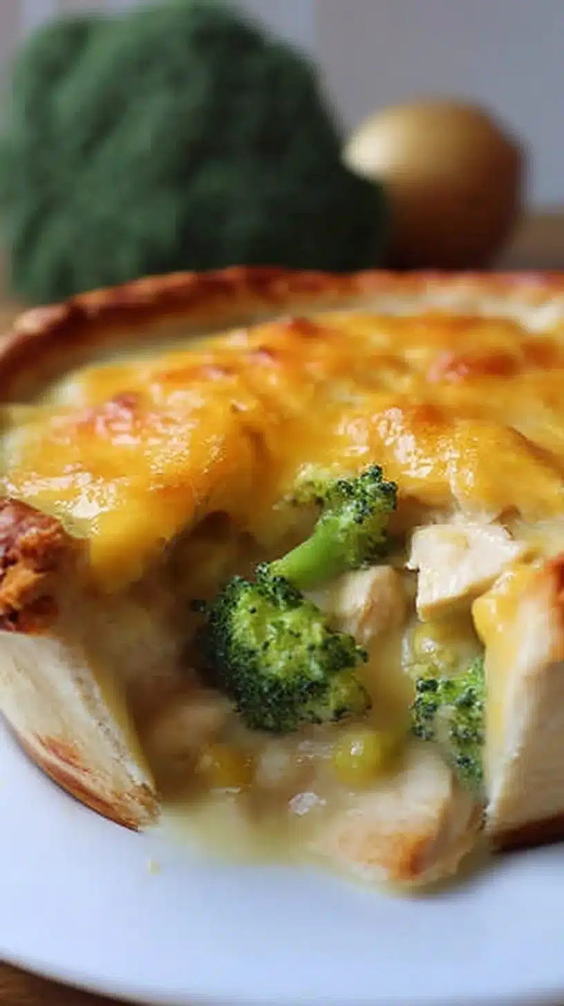 Cheesy Broccoli Chicken Pot Pie 1 Cheesy broccoli chicken pot pie served in a rustic dish.