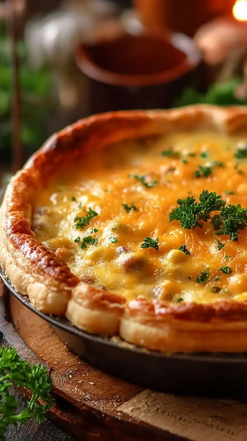 Chicken Pot Pie with a Cheesy Crust 1 Delicious chicken pot pie with a cheesy crust, served hot and fresh.