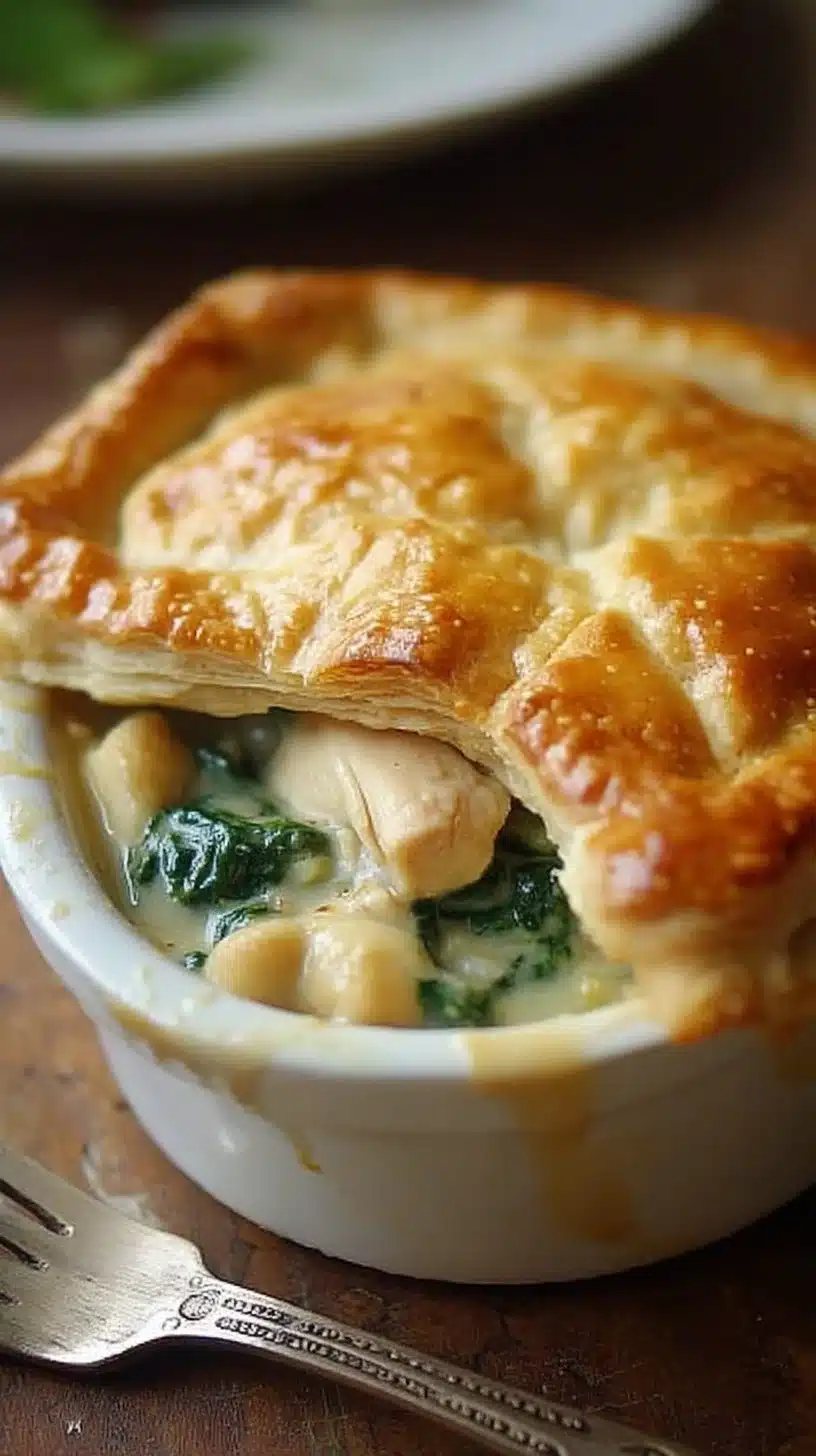 Chicken Pot Pie with Spinach and Cheese 1 Delicious Chicken Pot Pie with Spinach and Cheese served in a flaky crust