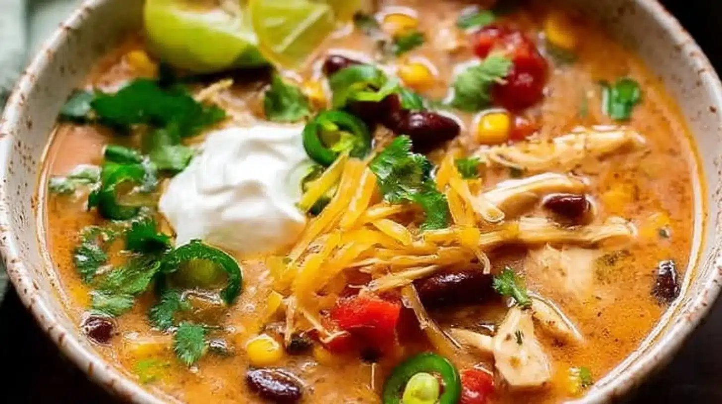 Delicious homemade chicken taco soup in a bowl with toppings