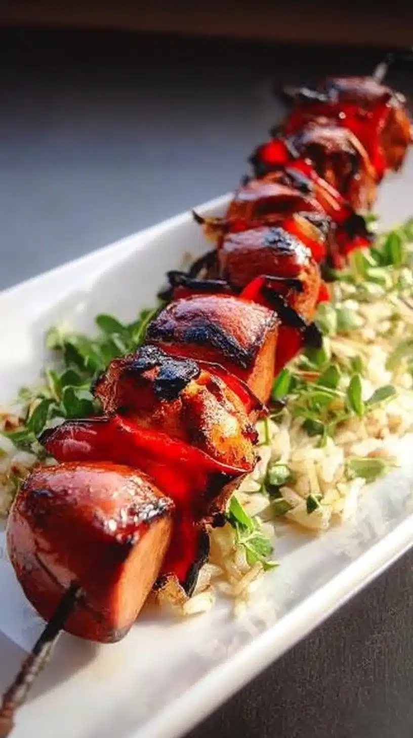 Chorizo and chicken skewers ready for grilling, showcasing vibrant colors and fresh ingredients.