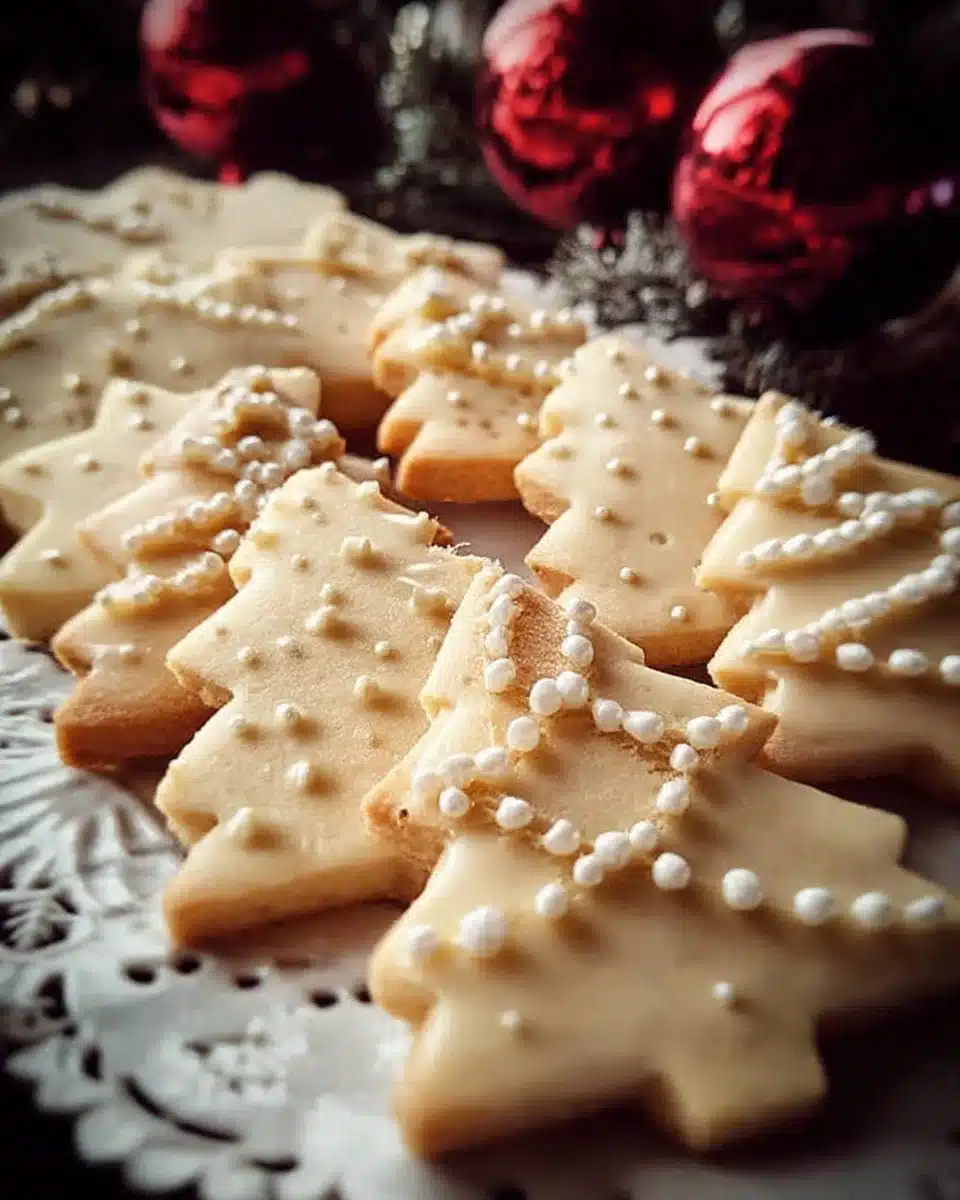 A plate of festive Christmas shortbread cookies decorated with red and green sprinkles.