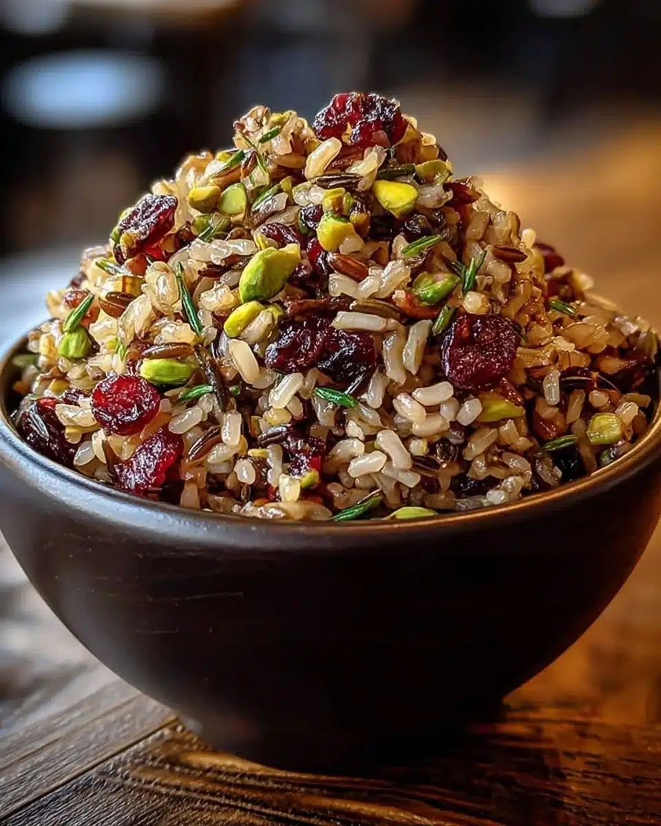 Christmas Spiced Cranberry and Pistachio Wild Rice dish on a festive table.