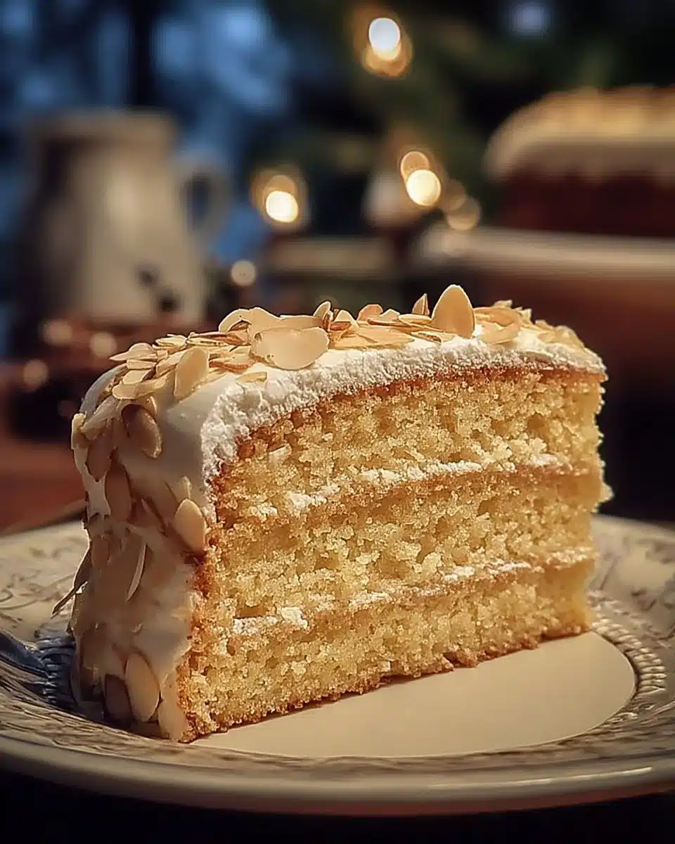 Christmas Vanilla Almond Cake 1 Delicious Christmas Vanilla Almond Cake decorated with festive toppings
