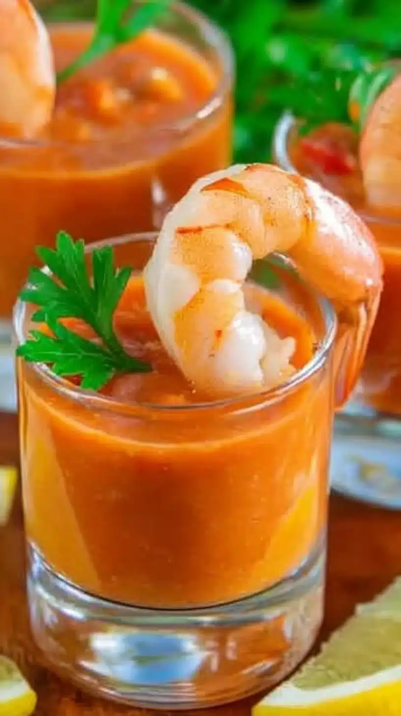 Cocktail Shrimp Shooters Appetizer 1 Cocktail shrimp shooters appetizer served in elegant glasses