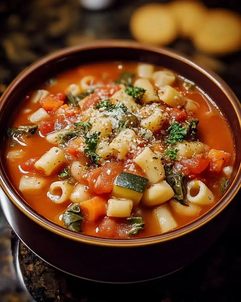 Comforting Crockpot Minestrone Soup 1 Bowl of comforting Crockpot Minestrone Soup with fresh vegetables and herbs
