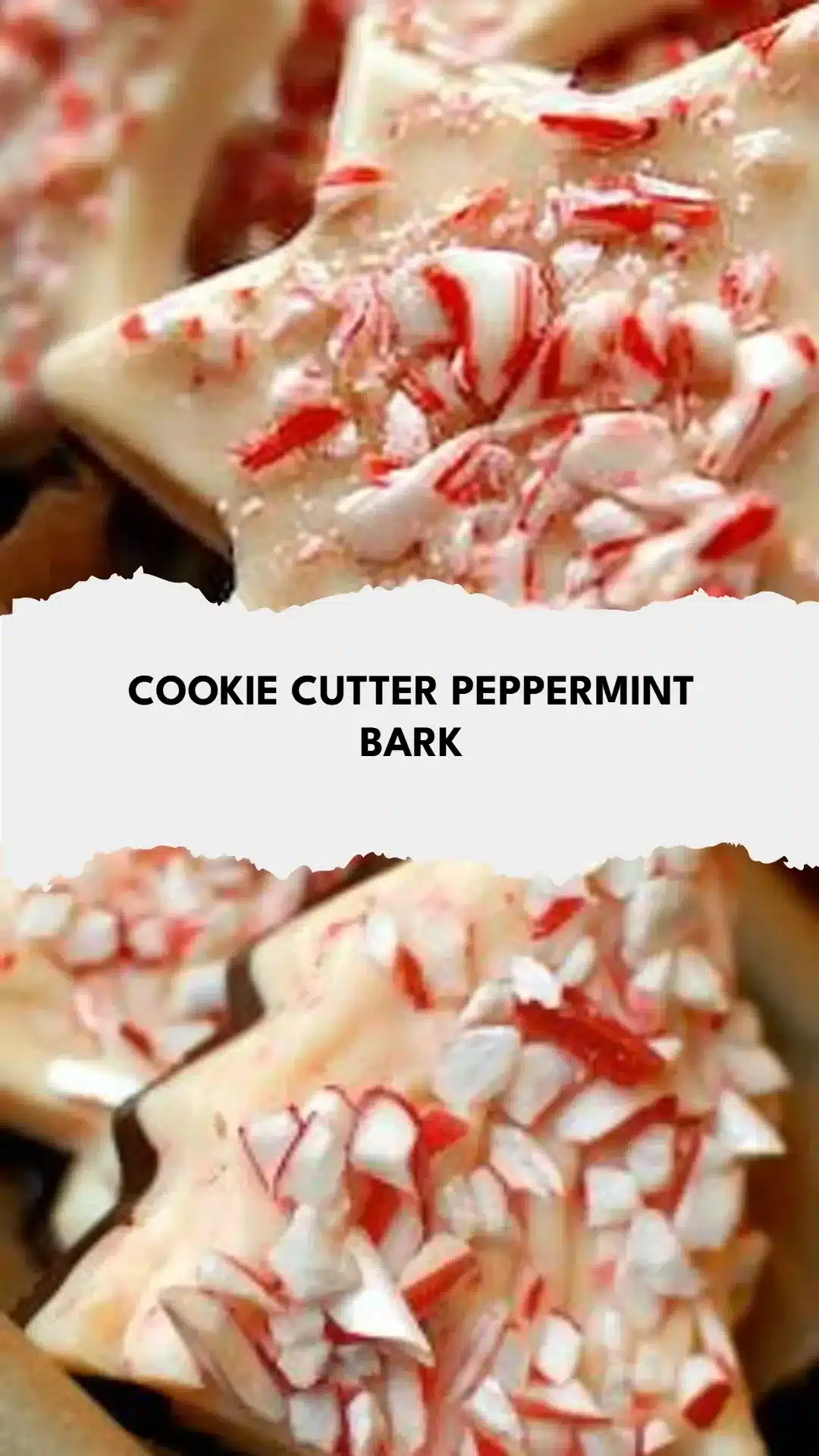 Cookie Cutter Peppermint Bark 1 Delicious cookie cutter peppermint bark decorated with festive sprinkles.