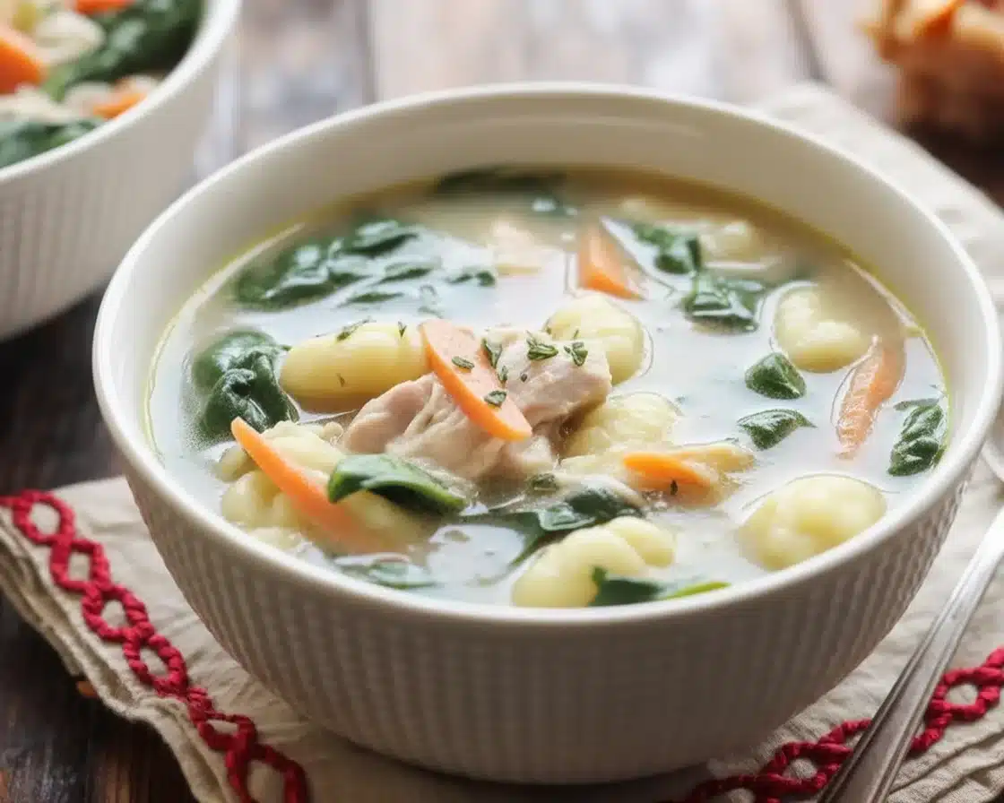 Bowl of creamy Crockpot Olive Garden Chicken Gnocchi Soup with chicken and spinach.