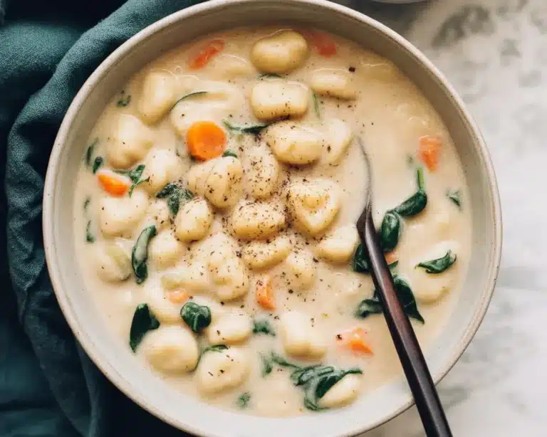 Creamy Slow Cooker Chicken Gnocchi Soup with vegetables and tender chicken in a bowl.