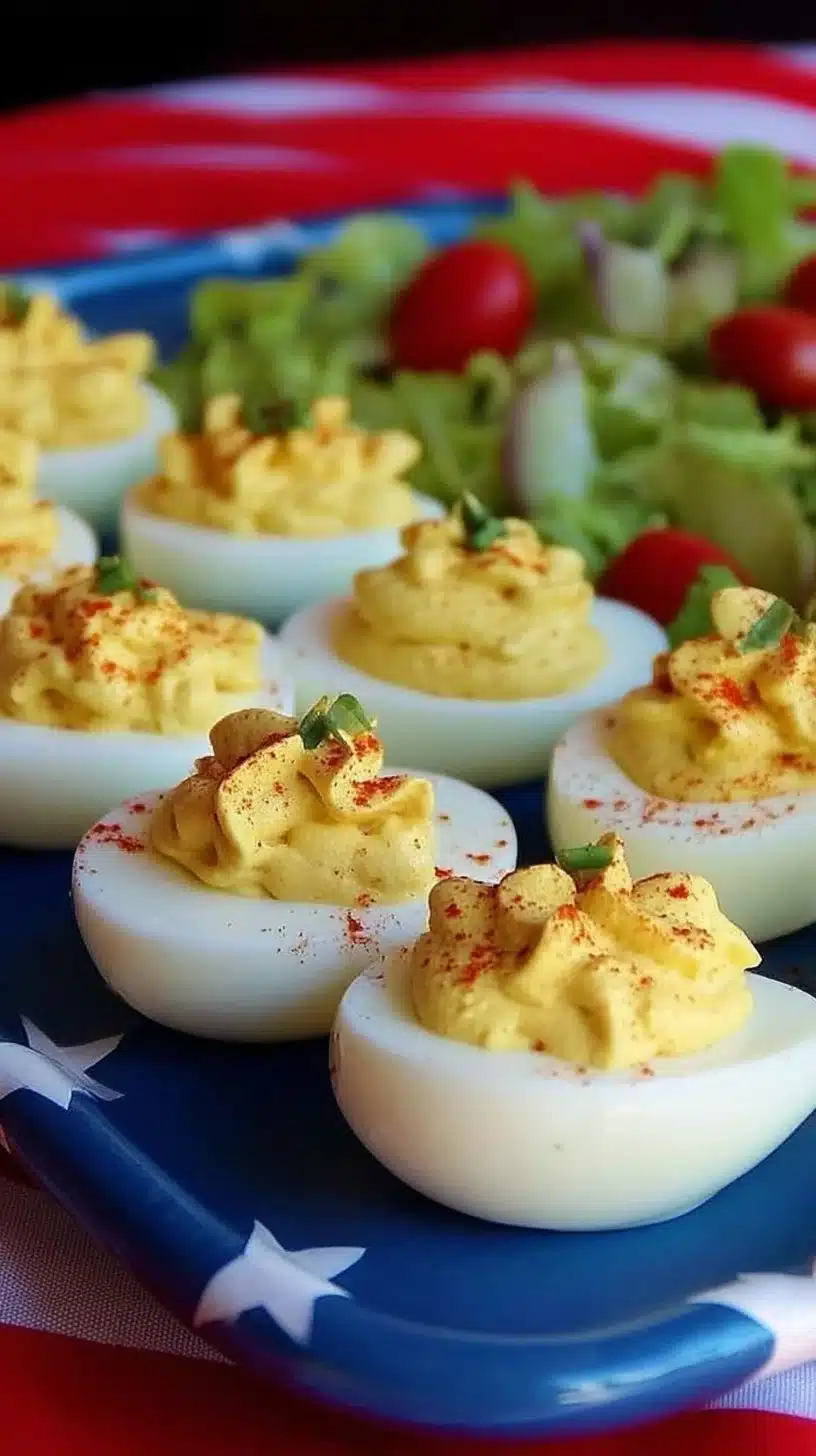 Creamy Cajun Deviled Eggs 1 Creamy Cajun deviled eggs garnished with spices and herbs.