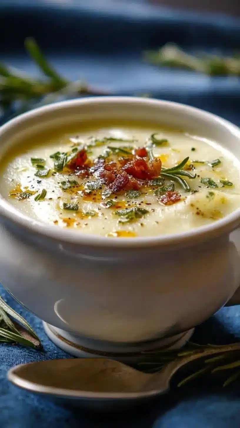 Creamy cheddar garlic herb potato soup in a bowl topped with herbs.