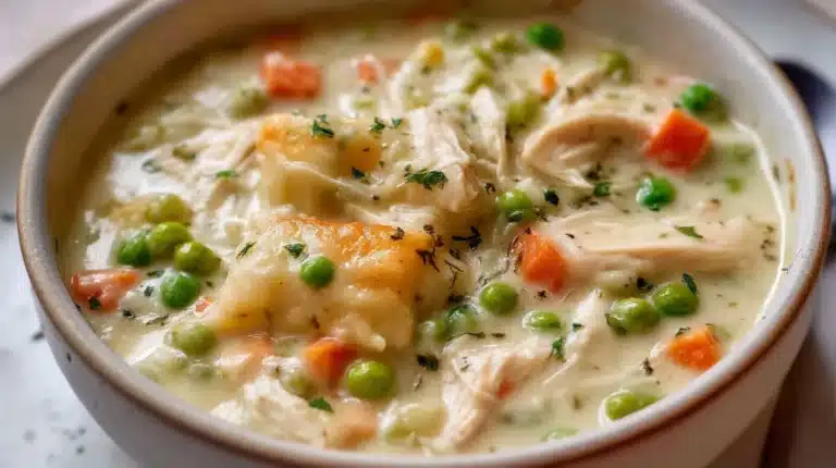 A warm bowl of creamy Chicken Pot Pie Soup garnished with herbs and vegetables.
