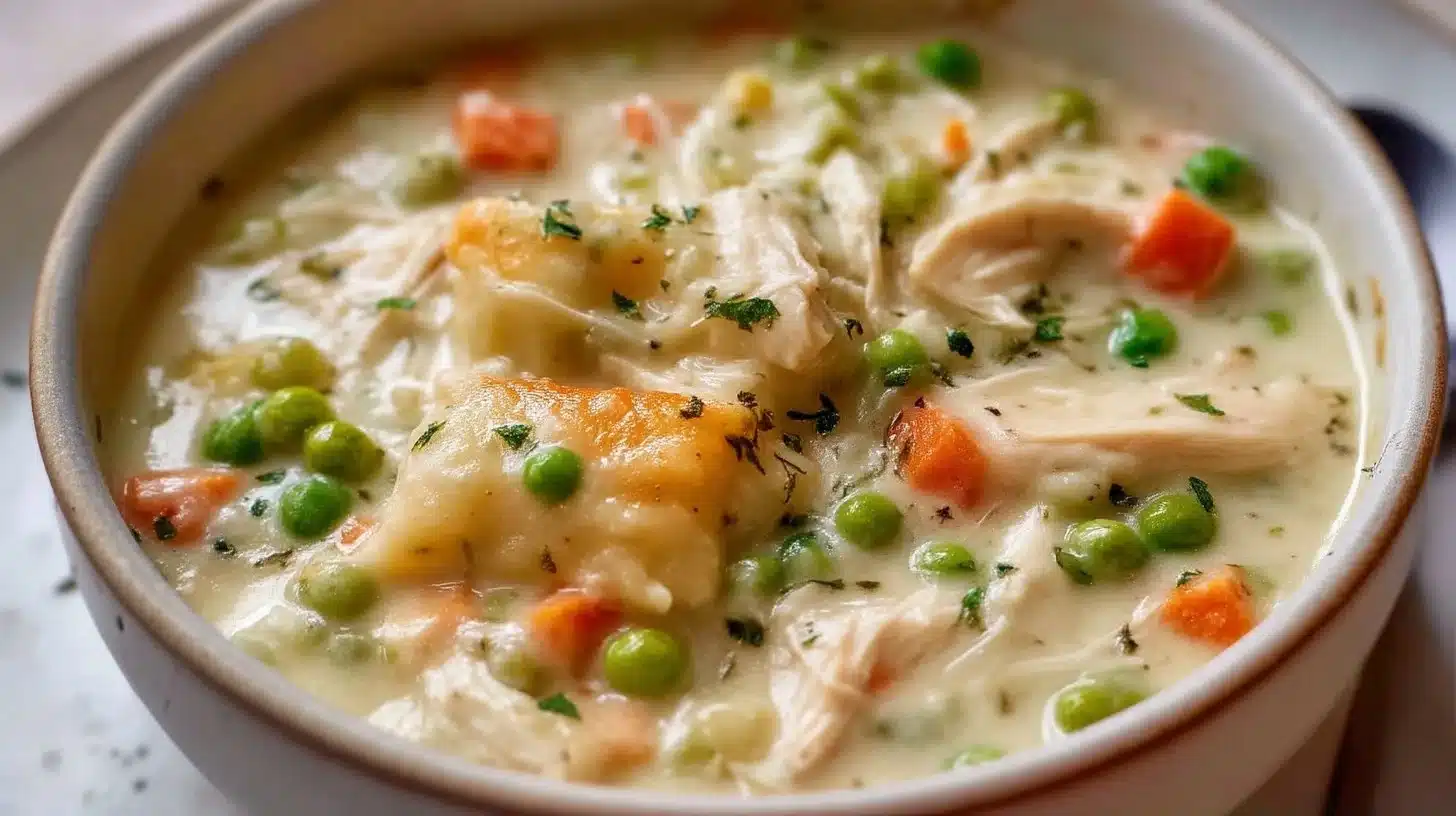 A warm bowl of creamy Chicken Pot Pie Soup garnished with herbs and vegetables.