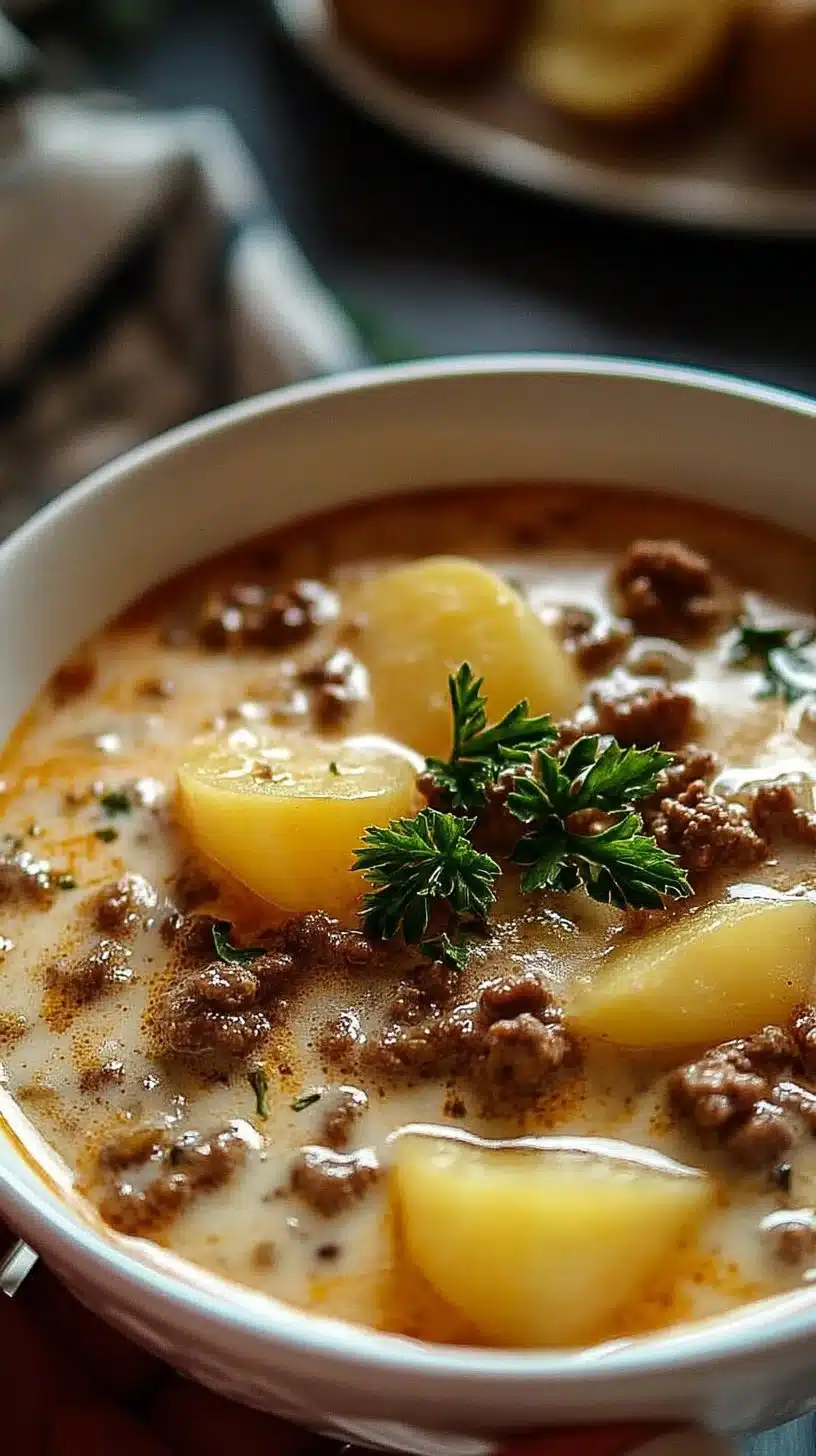 Bowl of creamy hamburger potato soup topped with herbs and served with bread