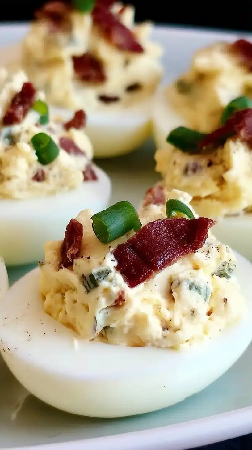 Creamy Jalapeno Deviled Eggs 1 Creamy jalapeno deviled eggs with a spicy kick, perfect appetizer for parties.
