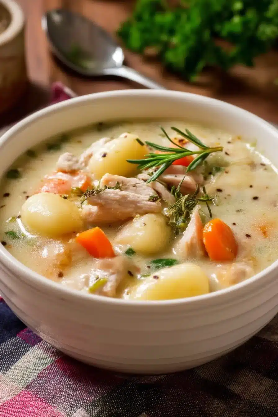 Creamy Turkey Gnocchi Soup 1 Creamy turkey gnocchi soup in a bowl topped with herbs and fresh ingredients