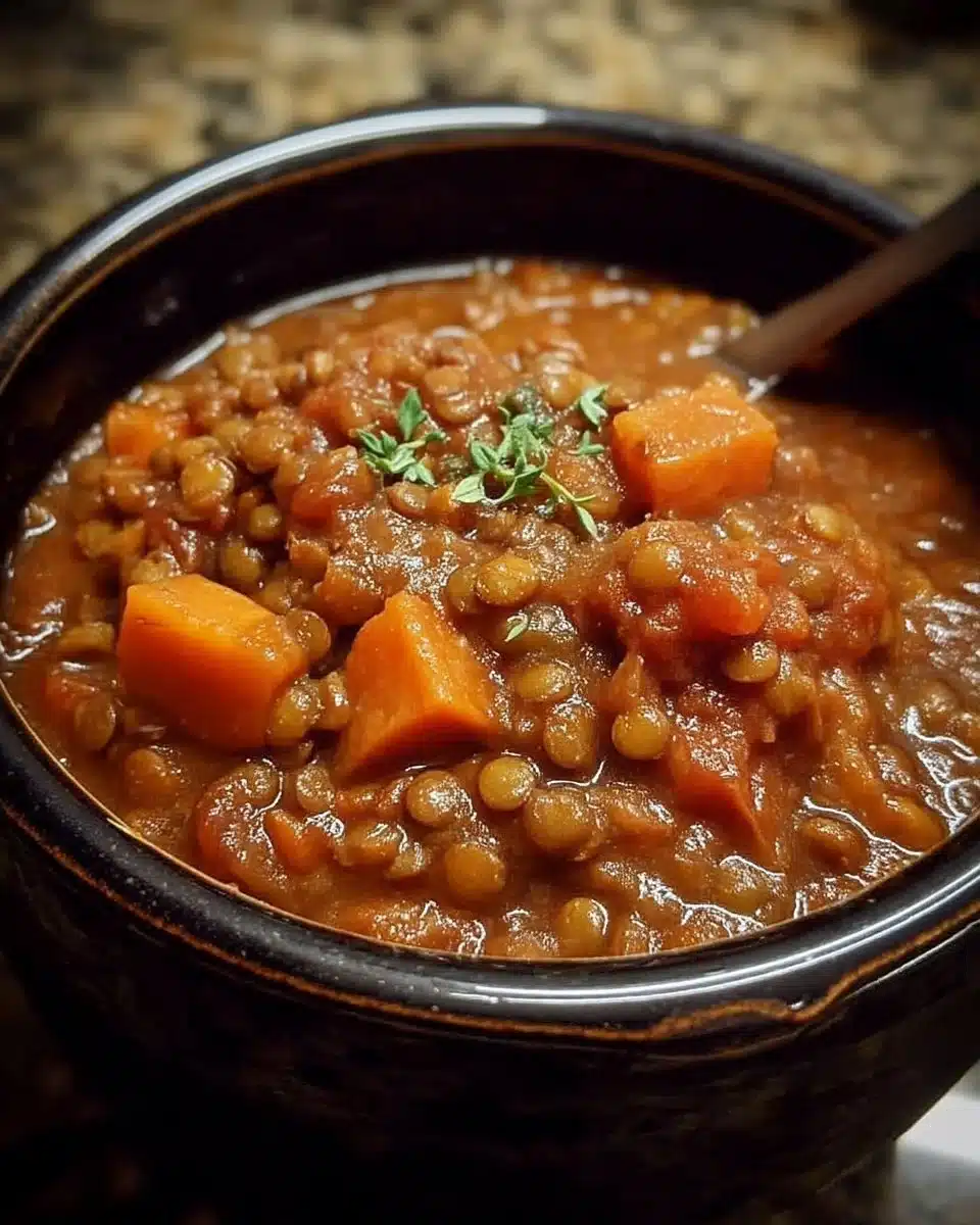 Crockpot Lentil Stew 1 A hearty bowl of Crockpot Lentil Stew with vegetables and spices.