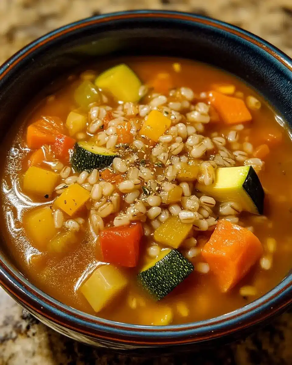 Crockpot Vegetable Barley Soup 1 Crockpot Vegetable Barley Soup filled with fresh vegetables and barley