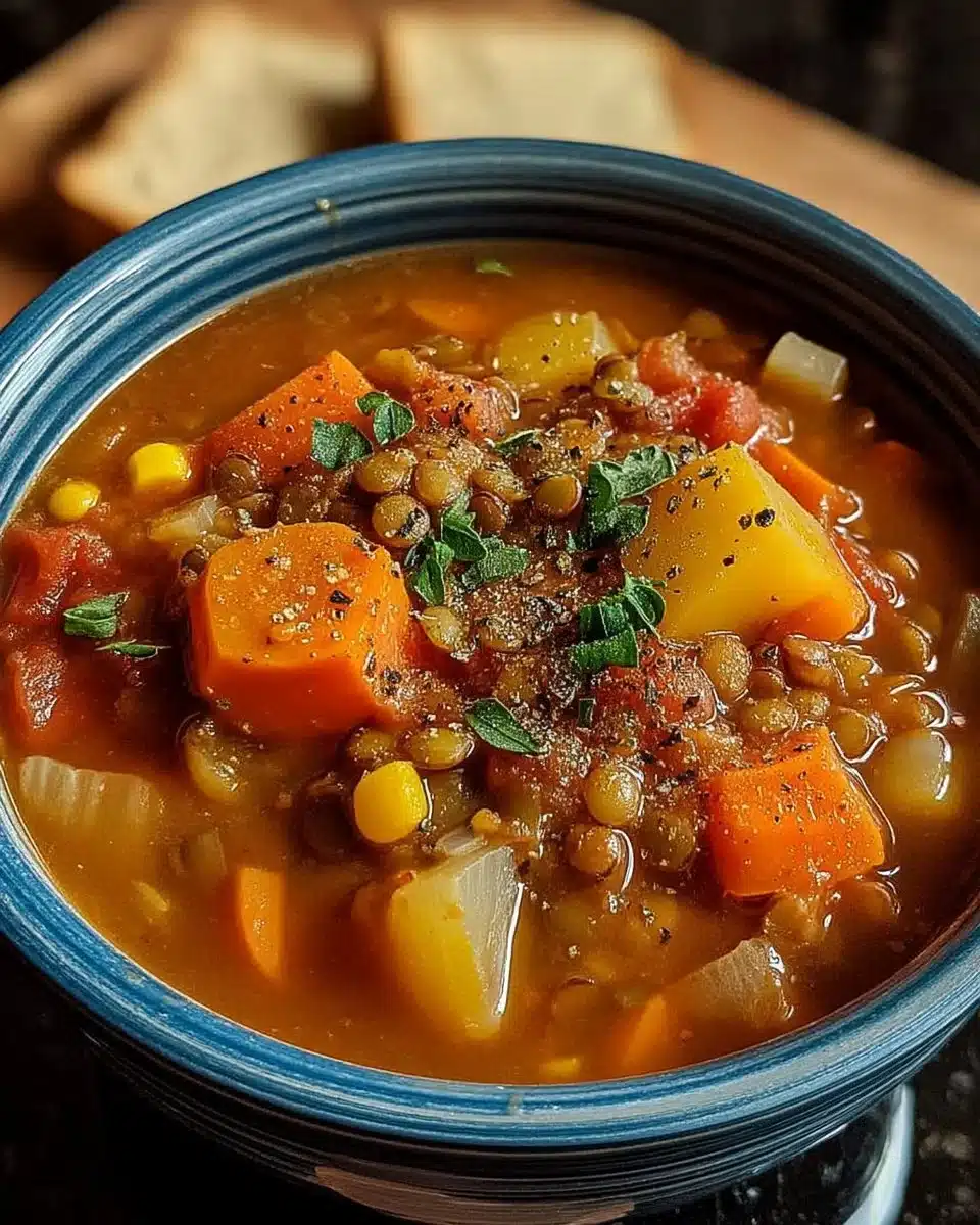 Crockpot Vegetable Lentil Soup 1 Bowl of Crockpot Vegetable Lentil Soup with fresh vegetables and herbs.