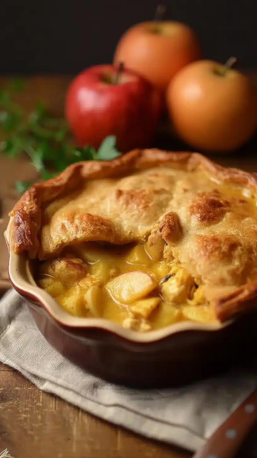 Curry Chicken Pot Pie with Apples 1 Delicious Curry Chicken Pot Pie with Apples on a wooden table