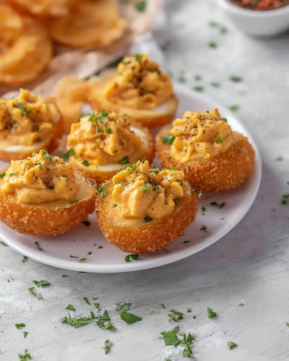 Deep-Fried Deviled Eggs 1 Deep-fried deviled eggs served on a platter with garnish