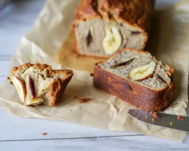 Gluten-free banana bread made with coconut flour and almond flour, topped with fresh bananas.
