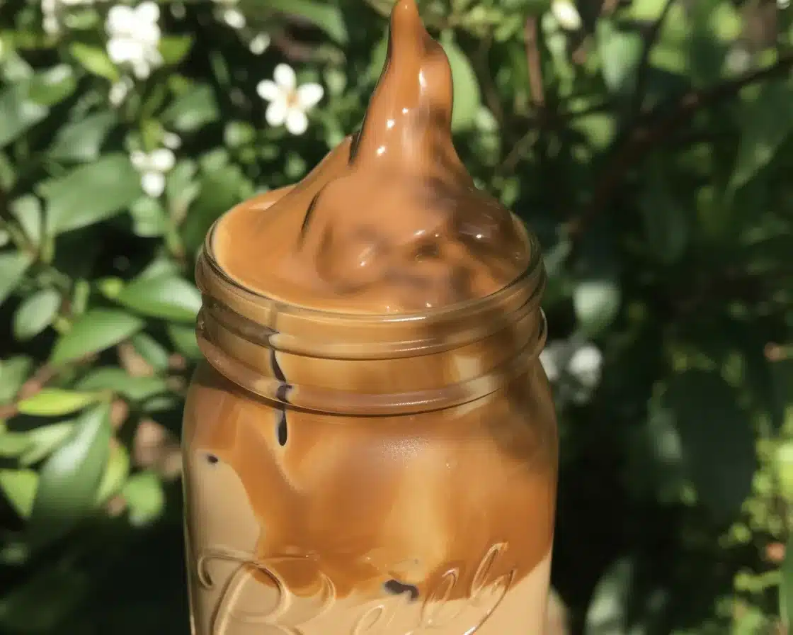 Creamy Dalgona Coffee topped with whipped coffee foam over milk.