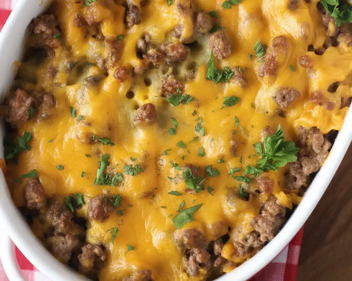 Delicious keto ground beef casserole topped with cheese, perfect for low-carb meals.