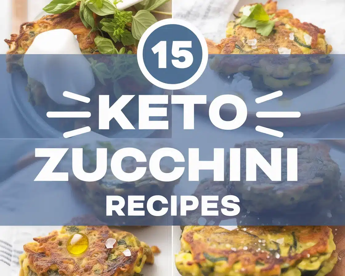 Delicious Keto Zucchini Recipes You’ll Want to Try Today! 1 A collection of delicious keto zucchini recipes including fries, boats, gratin, and fritters.