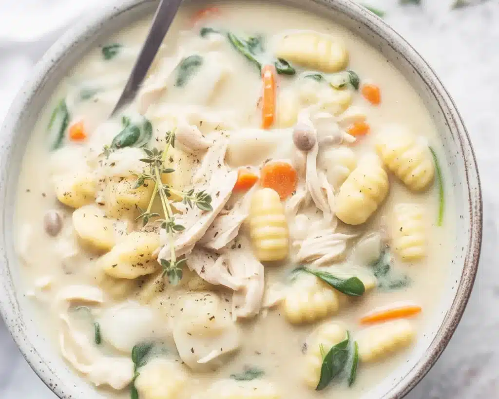 Creamy Chicken Gnocchi Soup with fresh vegetables and tender chicken in a rich broth