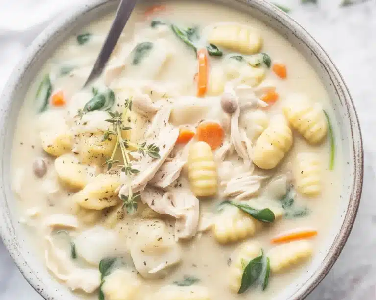 Creamy Chicken Gnocchi Soup with fresh vegetables and tender chicken in a rich broth