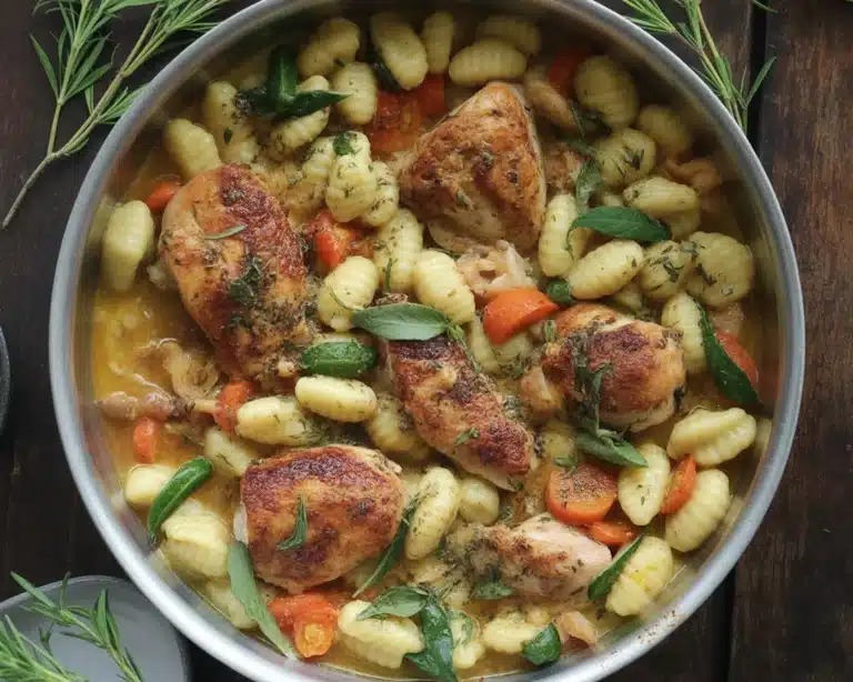Creamy Tuscan Chicken & Gnocchi with spinach and sun-dried tomatoes in a bowl.